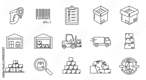 Logistics and shipping icons depicting various aspects of the supply chain process.