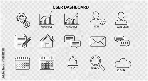 User dashboard icons representing various functionalities and features for digital interface.
