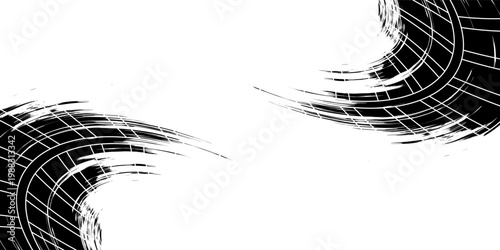 Tire tracks, wheel textures, tire tracks - auto racing, motocross, drift, rally, off-road and more. Isolated black texture vector in grunge style