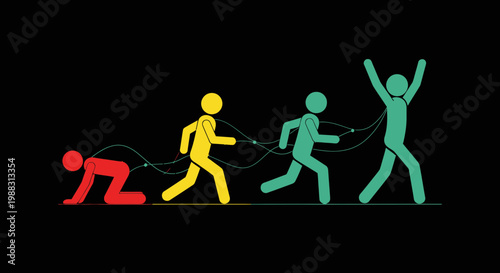 Progression Of Life's Journey Featuring Animated Figures Showcasing Transformation On Black