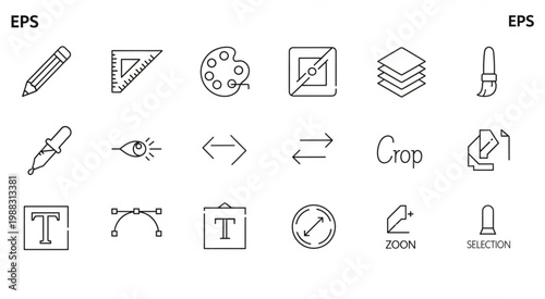 Collection of various design and editing tools icons in a linear style for creative projects.