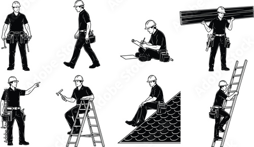 Construction worker sketches set isolated on white background, contractor characters with tools ladder and roof, professional builder vector illustration collection.
