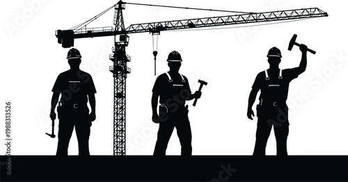 Construction workers silhouette set with tower crane isolated on white background, industrial builders with hammers and helmets vector illustration collection.