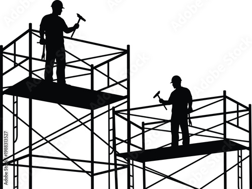 Construction workers silhouette on scaffolding isolated on white background, builders with hammers working on industrial site vector illustration collection.