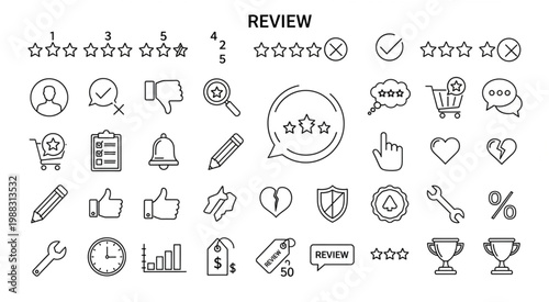 Collection of review icons and symbols for rating and feedback elements.