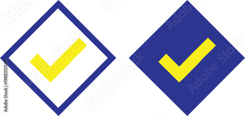Two diamond shaped symbols with yellow checkmarks inside