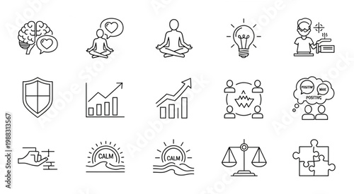 Collection of mental health and well-being icons representing various concepts.
