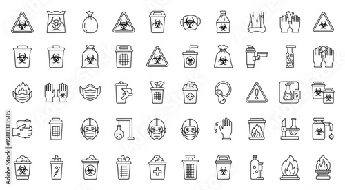 Collection of various hazard and biohazard symbols, signs, and containers.