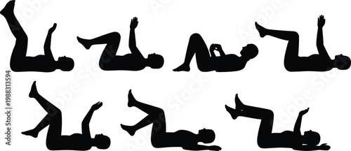 Core workout silhouettes set featuring abdominal exercises lying crunch leg raise fitness training home workout illustration collection concept