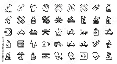 Medical emergency icons representing healthcare, ambulance, and first aid assistance.