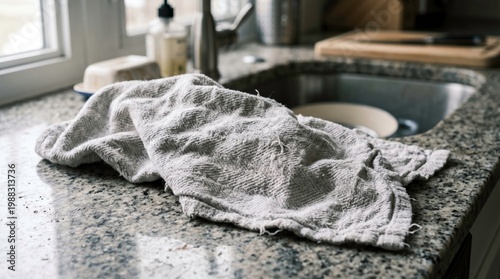 Close-Up of a Wet Dish Towel on a Kitchen Counter