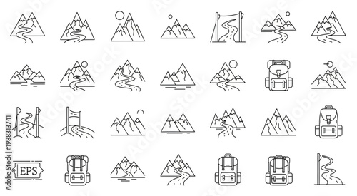 Collection of mountain and travel related line art icons for design elements.