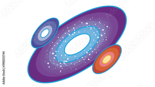 Cosmic dance of galaxies in vibrant swirling patterns and glowing nebulae Vector