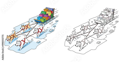 Sled Dog Team Pulling Cargo and Gifts on Ice Vector Illustration with Line Art Version for Coloring Book, Winter Arctic Transport with Husky Dogs in Cartoon Isometric Style