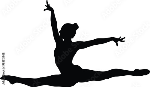 Dance split leap silhouette illustration, gymnastics performance artwork, athletic movement design concept, black and white vector template collection set