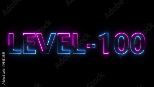 Abstract neon level 100 number 4k illustration. Level 100 neon text. Neon level up sign. motion graphic perfect for social media content. black background 4k illustration.