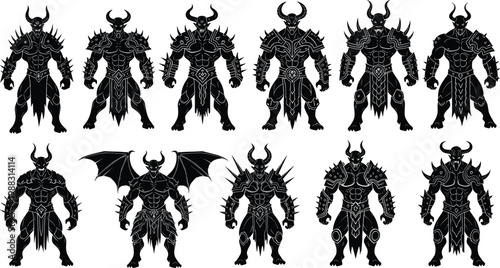 Demon warrior silhouette illustration, fantasy monster artwork, armored creature design concept, black and white dark character vector template set