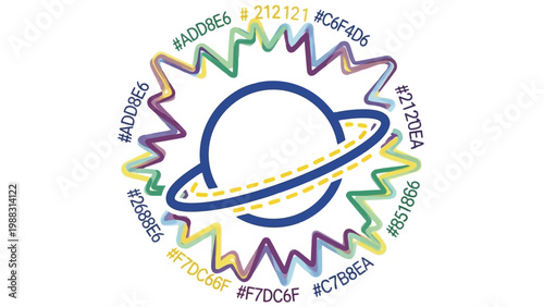 Colorful hexagonal gear pattern with abstract center and color codes Vector