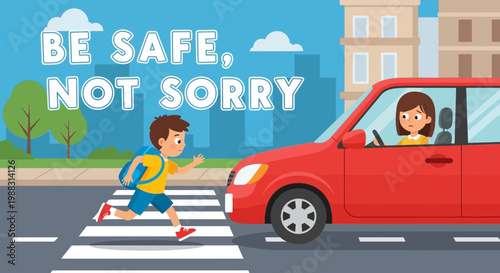Road Safety Awareness: Child Crossing Street, Warning About Vehicle, Cartoon Style Illustration