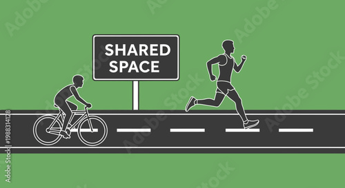 Road Sharing Illustration Depicting Cyclist And Runner Utilizing Shared Public Space