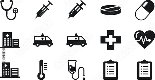 Medical healthcare icons set hospital ambulance syringe stethoscope vector collection 