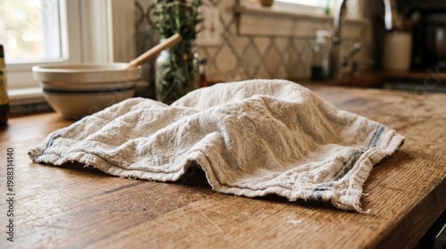 Cozy Kitchen Scene with a Towel on a Wooden Table