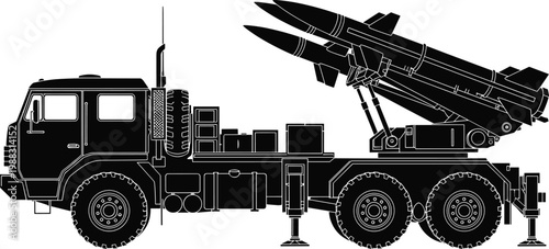 Detailed Silhouette of a Military Mobile Missile Launcher Truck with Surface to Air Rockets for Defense Tactical Warfare and Army Operations