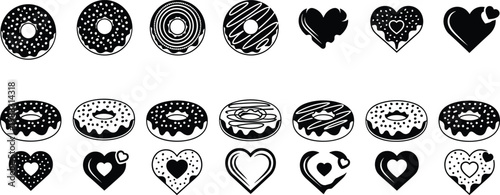 Donut and heart pastry icon collection with sweet dessert bakery food artwork, black vector template set