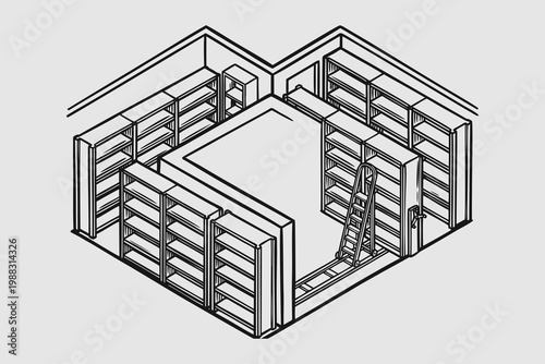 Isometric Library Interior with Bookshelves Illustration
