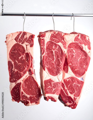 Raw steaks hanging