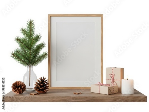 Minimalist christmas decor with pine tree, pinecones, and candles