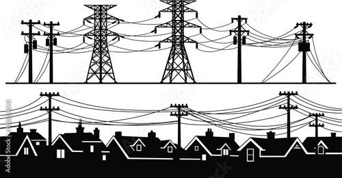 Electrical transmission towers illustration, residential power distribution, utility poles with lines, urban electricity network artwork, energy infrastructure vector design
