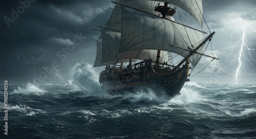 Ship Sailing Through Stormy Weather.