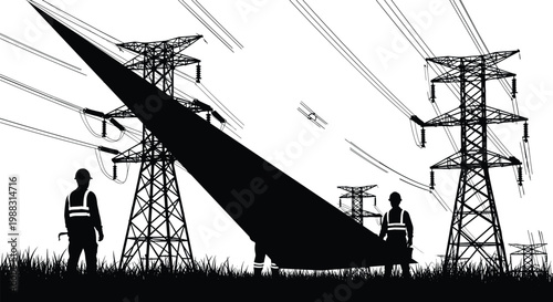Electricians silhouette with high voltage power lines and transmission towers isolated on white background, electrical engineer vector illustration collection set.