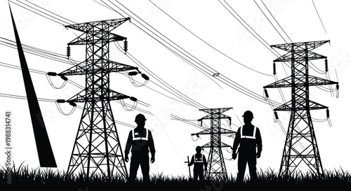 Electricians silhouette with high voltage power lines and transmission towers isolated on white background, electrical engineer vector illustration collection set.