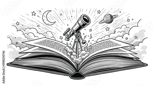 A telescope emerging from an open book filled with celestial wonders and dreams Vector