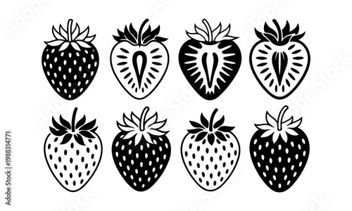 Black and white strawberry collection with cross-section and whole fruits