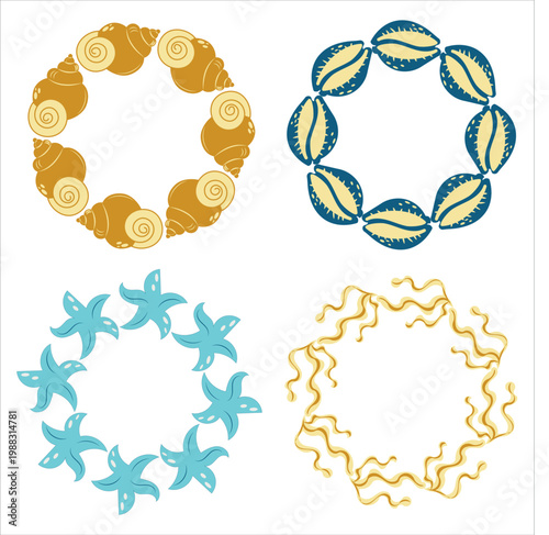 Sea shell and starfish wreath set. Vector marine frames with various seashells, spiral conch and ocean stars, nautical circular ornaments for summer design.