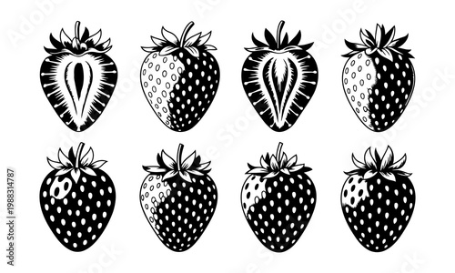 Black and white strawberry collection with cross-section and whole fruits
