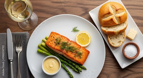 Salmon fillet with asparagus and sauce on a plate beside bread