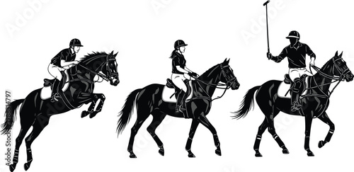 PrintEquestrian sports vector set featuring horse jumping, dressage riding, and polo player illustrations, black and white isolated horse rider silhouettes.