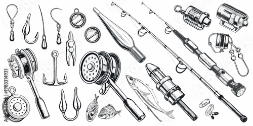 Various fishing tools and equipment arranged in a detailed sketch style