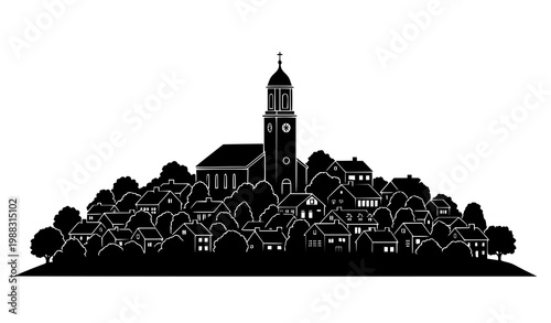 Iglesia silueta vector paisaje rural casas árboles