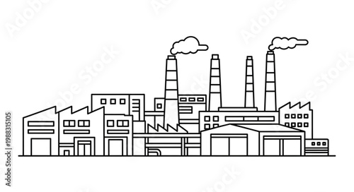 Industrial factory complex with smoking chimneys and multiple buildings.