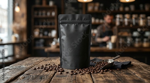 Blank Black Matte Stand-Up Pouch Mockup on Rustic Wood in Coffee Shop – Specialty Coffee Packaging Asset