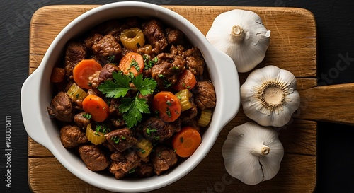 Hearty stew with meat, carrots, potatoes, and herbs in a white bowl on a wooden board with garlic.