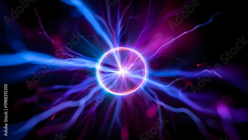 A vibrant purple and blue electric circle emits energy in a dark background