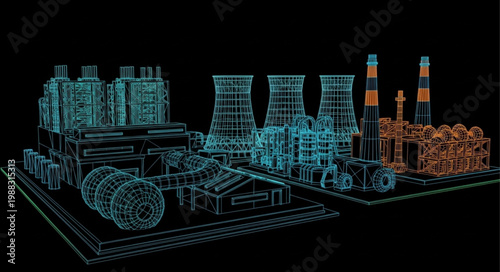 Wireframe illustration of a complex industrial power plant facility.