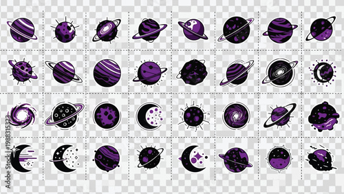 Cosmic and celestial icons featuring planets, moons, and space elements in purple and black Vector