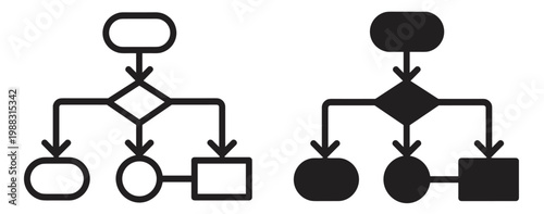 flowchart diagram icon, workflow process structure hierarchy organization business chart system connection network planning strategy symbols on transparent background